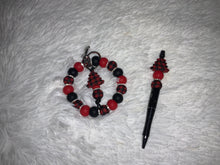 Load image into Gallery viewer, Plaid Red and Black wristlet and pen combo with tree keychain
